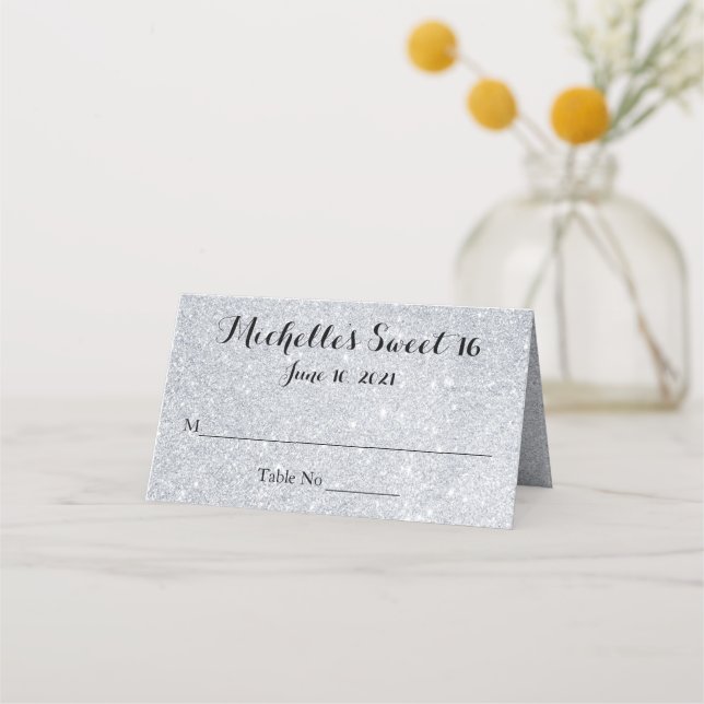 Silver Glitter Sweet 16 Personalized Place Card (Front)