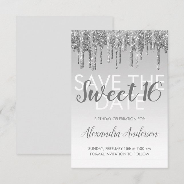 Silver Glitter Sweet 16 Save the Date Invitation (Front/Back)