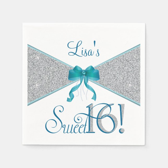 Silver Glitter, Sweet Sixteen, Custom Napkins (Front)