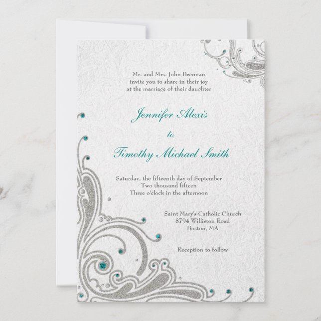 Silver glitter swirls + aqua jewels wedding invite (Front)