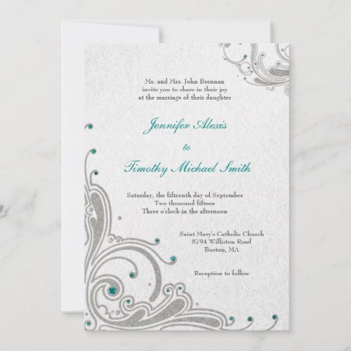 Silver glitter swirls + aqua jewels wedding invite