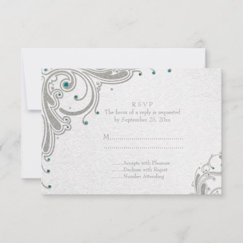 Silver glitter swirls + aqua jewels wedding RSVP