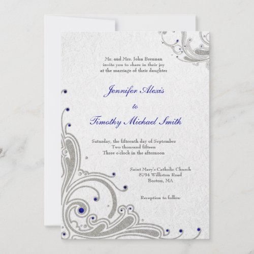 Silver glitter swirls + blue jewels wedding invite