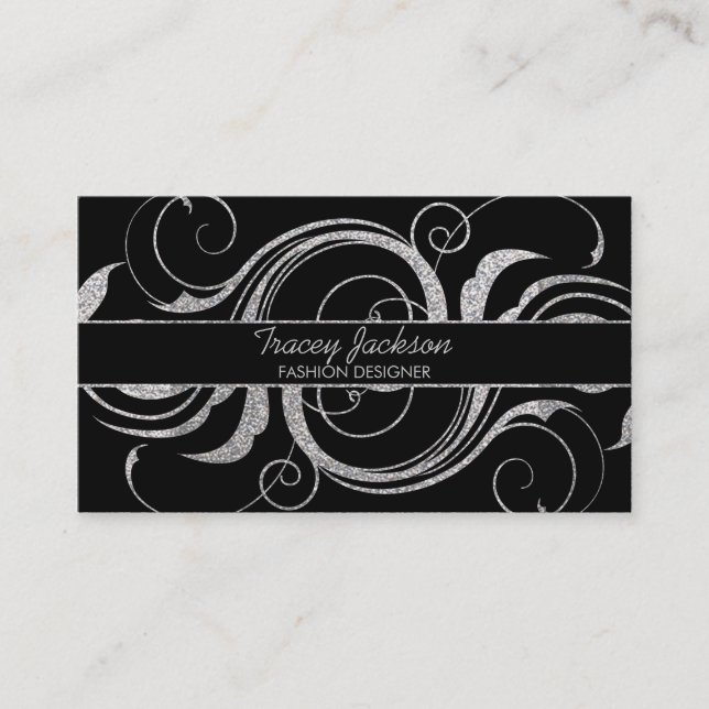 Silver glitter swirls custom business cards (Front)