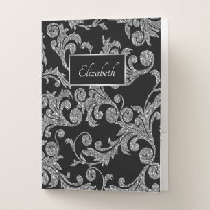 Silver Glitter Swirls , Frame, Personalized Pocket Folder