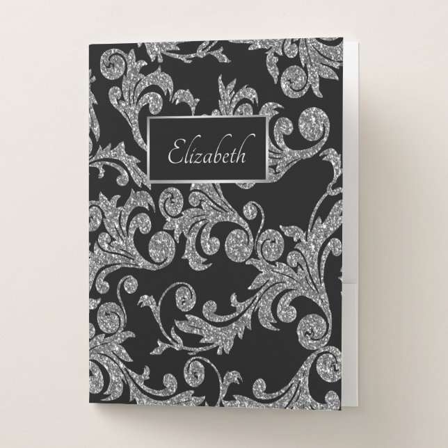 Silver Glitter Swirls , Frame, Personalized Pocket Folder (Front)