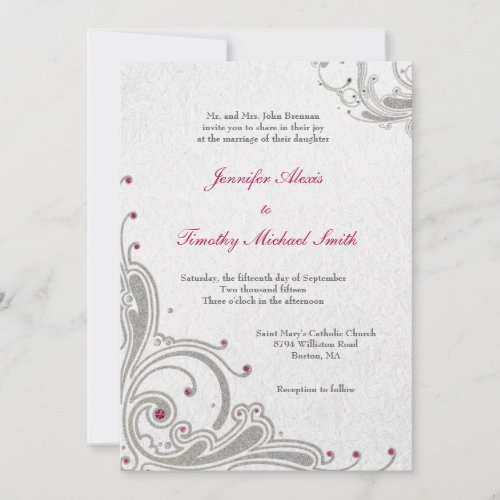 Silver glitter swirls + pink jewels wedding invite