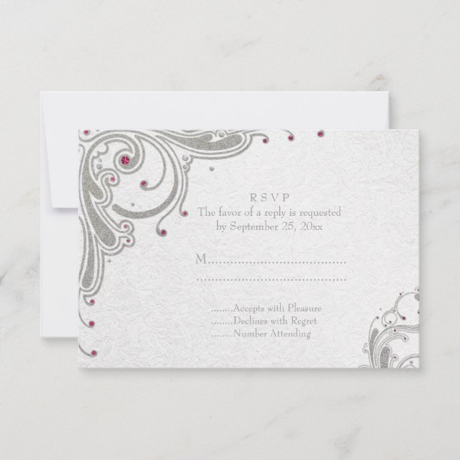 Silver glitter swirls + pink jewels wedding RSVP (Front)