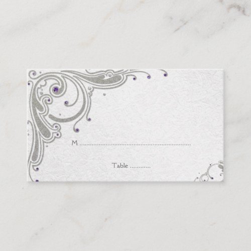 Silver glitter swirls  purple jewel place card