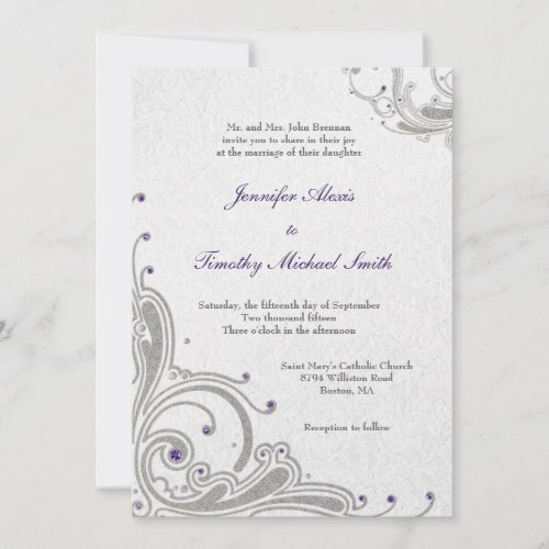 Silver glitter swirls purple jewels wedding invite