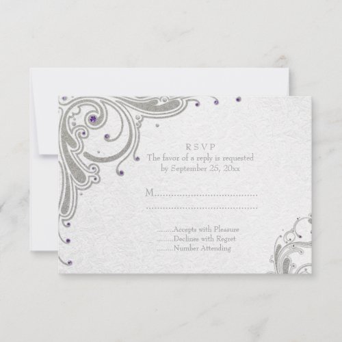 Silver glitter swirls + purple jewels wedding RSVP