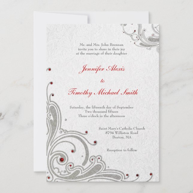 Silver glitter swirls + red jewels wedding invite (Front)