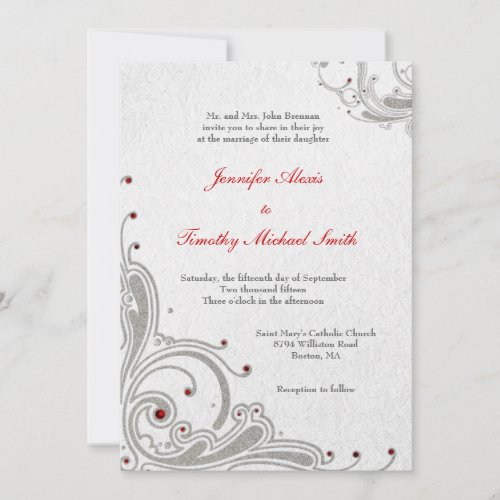 Silver glitter swirls + red jewels wedding invite