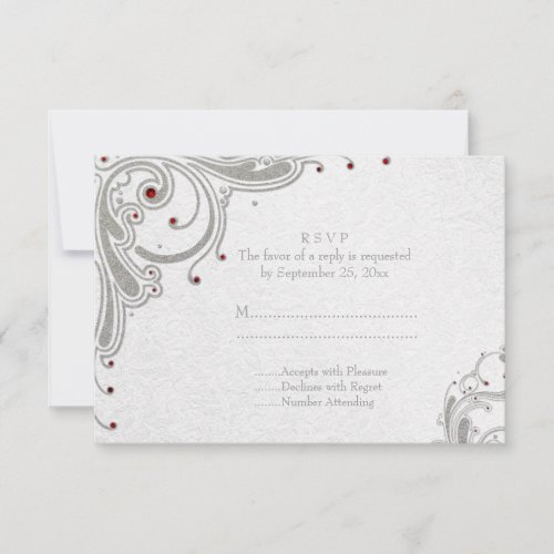 Silver glitter swirls + red jewels wedding RSVP