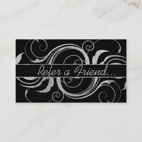 Silver glitter swirls refer a friend business card