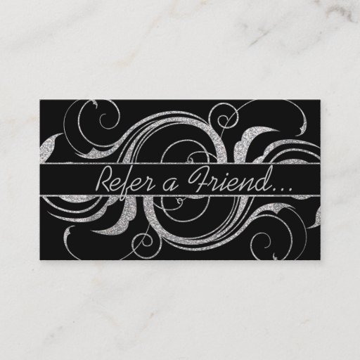 Customizable Silver glitter swirls refer a friend business card