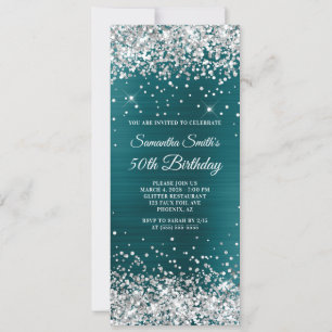 Silver Glitter Teal Blue Foil 50th Birthday Invitation
