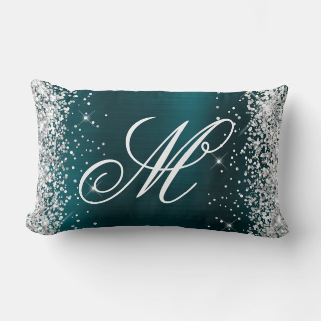 Silver Glitter Teal Blue Foil Fancy Monogrammed Lumbar Pillow (Front)