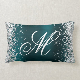 Silver Glitter Teal Blue Foil Fancy Monogrammed Lumbar Pillow