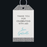 Silver Glitter Teal Blue Thank You Favor Tag<br><div class="desc">Printed Silver Gray Sparkly Glitter stripe accents a favor or gift tag coordinated to match our Mitzvah Suite (see Paper Grape Designer Shop Link for details and matching items). A sparkly-looking addition to any silver or gray theme Bat Mitzvah, Sweet 16, Quinceanera or Birthday party and for baby and bridal...</div>