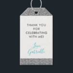 Silver Glitter Teal Blue Thank You Favor Tag<br><div class="desc">Printed Silver Gray Sparkly Glitter stripe accents a favor or gift tag coordinated to match our Mitzvah Suite (see Paper Grape Designer Shop Link for details and matching items). A sparkly-looking addition to any silver or gray theme Bat Mitzvah, Sweet 16, Quinceanera or Birthday party and for baby and bridal...</div>