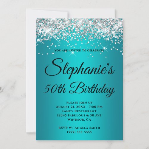 Silver Glitter Teal Blue Turquoise Gradient Invitation