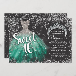 Silver Glitter Teal Dress Tiara Dark Sweet 16 Invitation