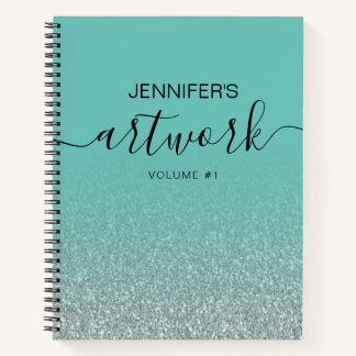 Silver Glitter Teal Girly Ombre Sketchbook Name Notebook