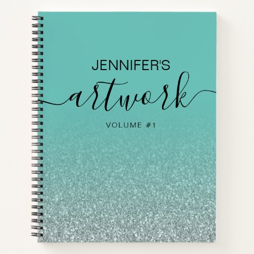 Silver Glitter Teal Girly Ombre Sketchbook Name Notebook