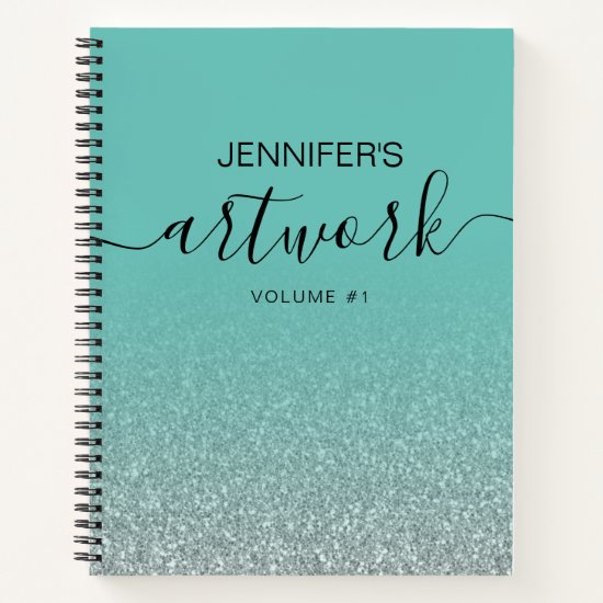 Silver Glitter Teal Girly Ombre Sketchbook Name Notebook