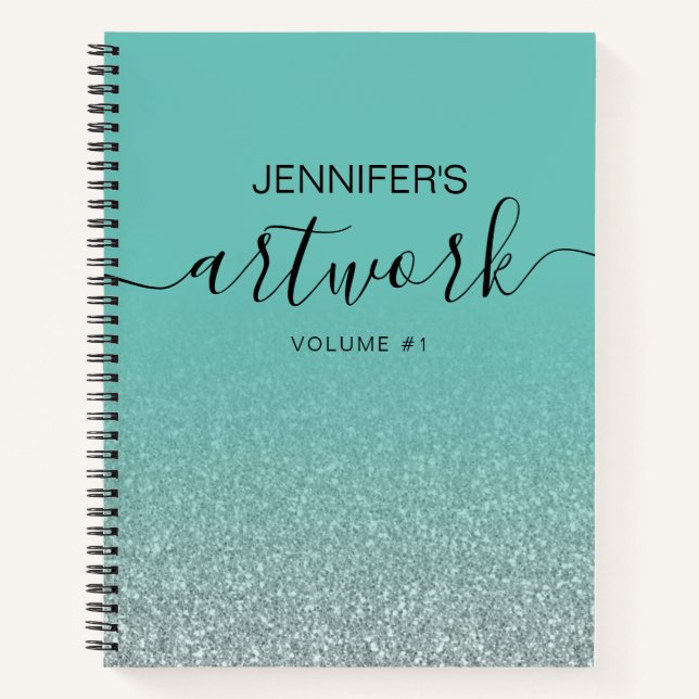 Silver Glitter Teal Girly Ombre Sketchbook Name Notebook (Front)