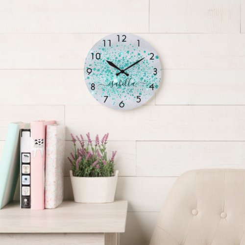 Silver glitter teal green name script large clock