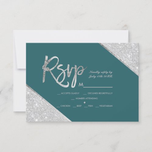 Silver glitter teal green script wedding Rsvp