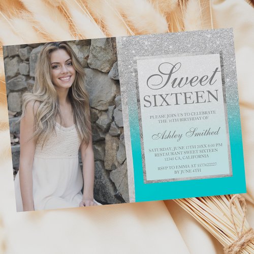 Silver glitter teal ombre photo Sweet 16 Invitation
