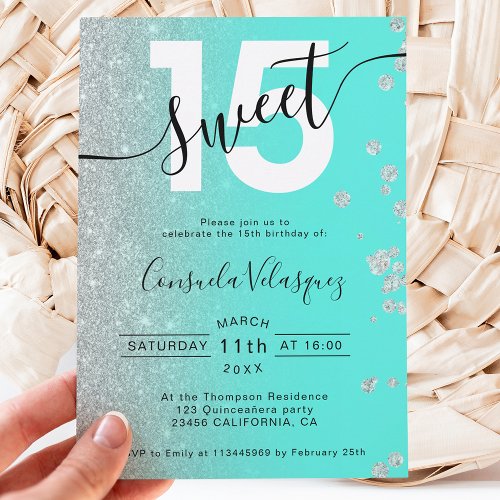 Silver glitter teal Quinceanera photo mis quince Invitation