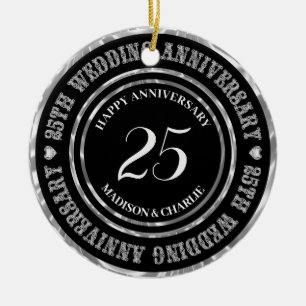 Silver Glitter Text And Hearts Ceramic Ornament