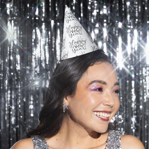 Silver Glitter Text Pattern Happy New Year Party Hat