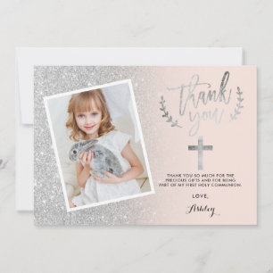 Silver glitter thank you first communion photo card