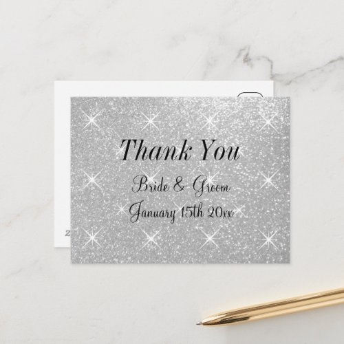 Silver glitter theme wedding thank you postcards