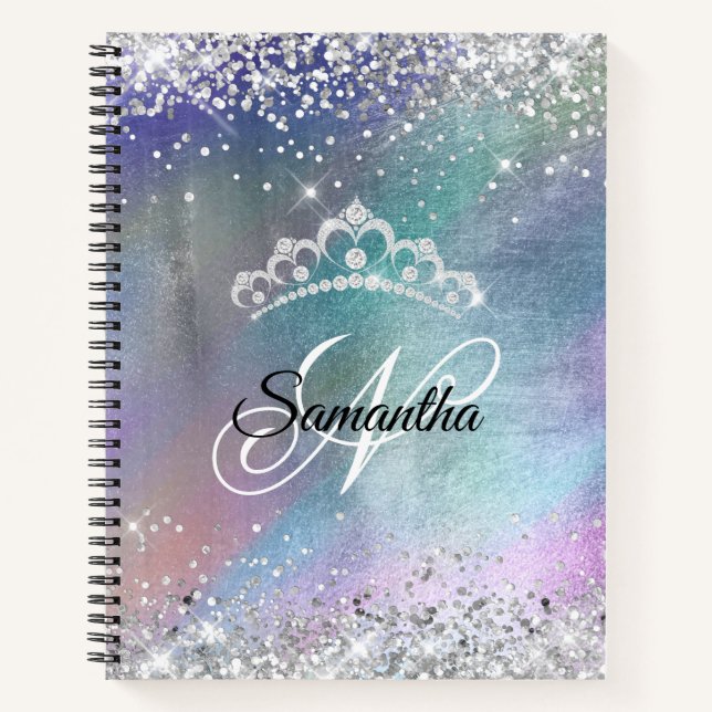 Silver Glitter Tiara Colorful Foil Fancy Monogram Notebook (Front)