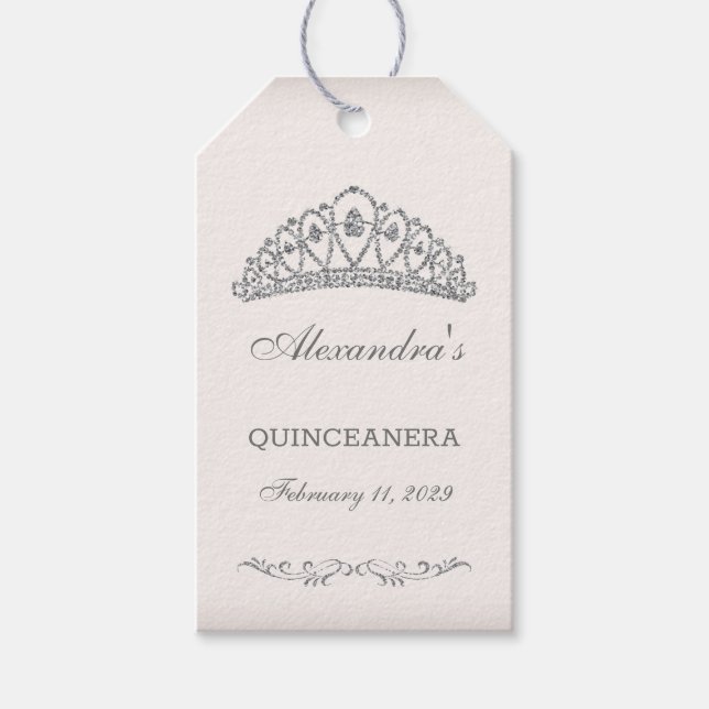Silver glitter Tiara custom Quinceanera Gift Tags (Front)