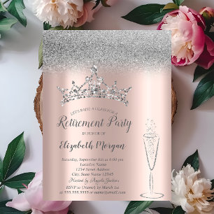 Silver Glitter Tiara Glass Rose Gold Retirement Invitation