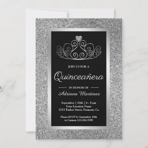 Silver Glitter Tiara Princess Black Quinceanera Invitation