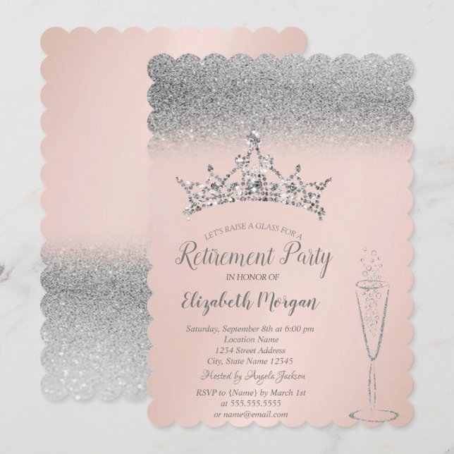 Silver Glitter Tiara Wine Glass Retirement  Invitation (Front/Back)