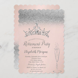 Silver Glitter Tiara Wine Glass Retirement Invitation