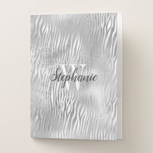 Silver Glitter Tiger Stripe Pattern Monogram Pocket Folder