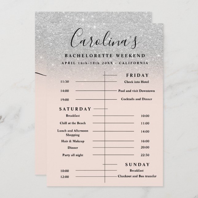 Silver glitter time line bachelorette weekend invitation (Front/Back)