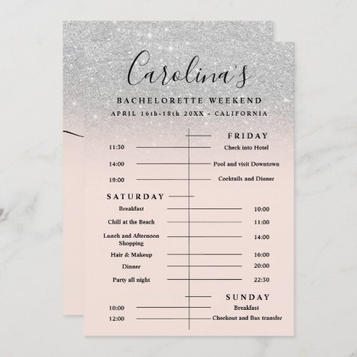 Silver glitter time line bachelorette weekend invitation