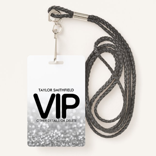 Silver Glitter trendy VIP lanyard badge custom (Front with Lanyard)