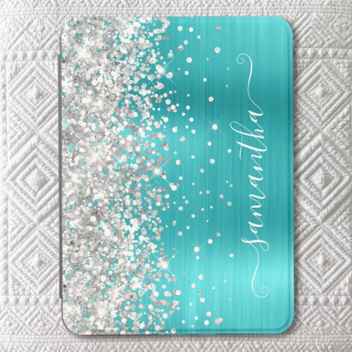 Silver Glitter Turqoise Blue Glam Girly Signature Kindle Cover